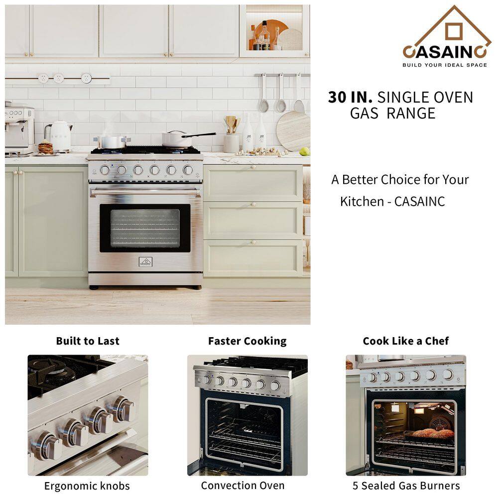 CASAINC 30 in. 4.55 cu. ft. Freestanding Single Oven Gas Range in. Stainless Steel with Convection Fan and 5 Burner CA--HXJ300R