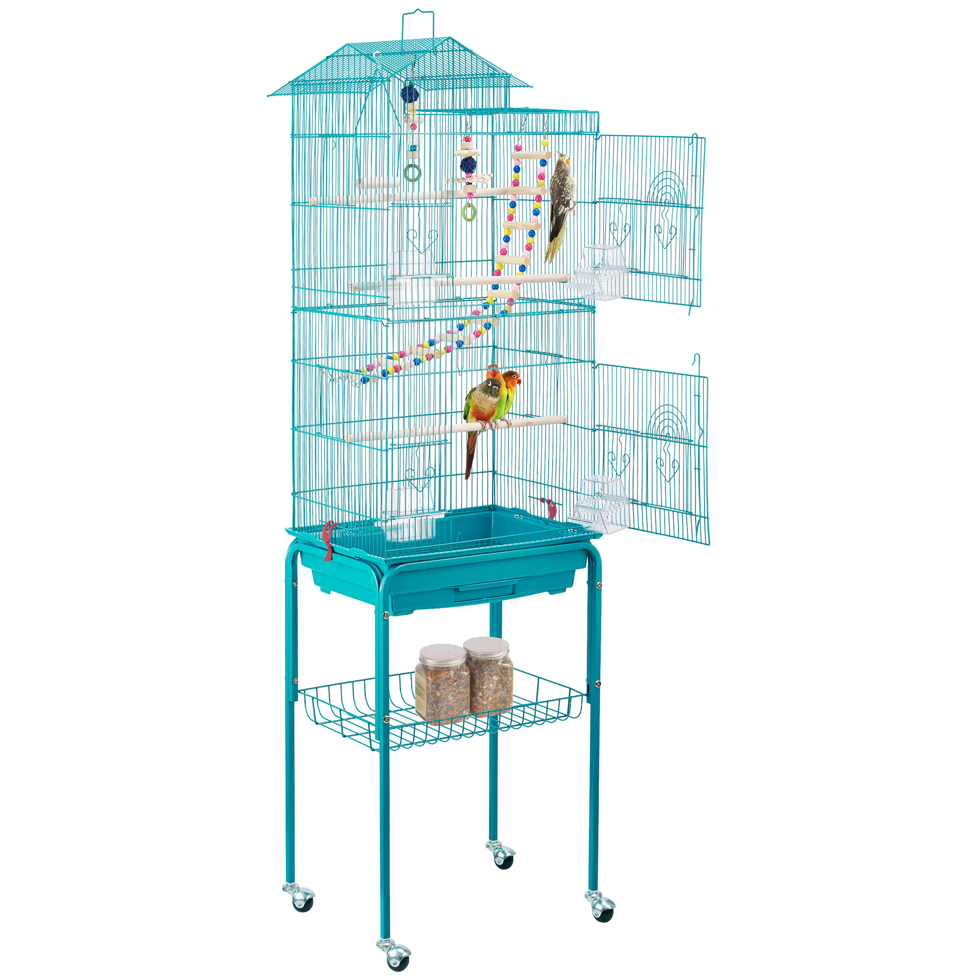 Topeakmart Teal Blue Metal Bird Cage with Ladder Toy and Rolling Detachable Stand， 62.4 H