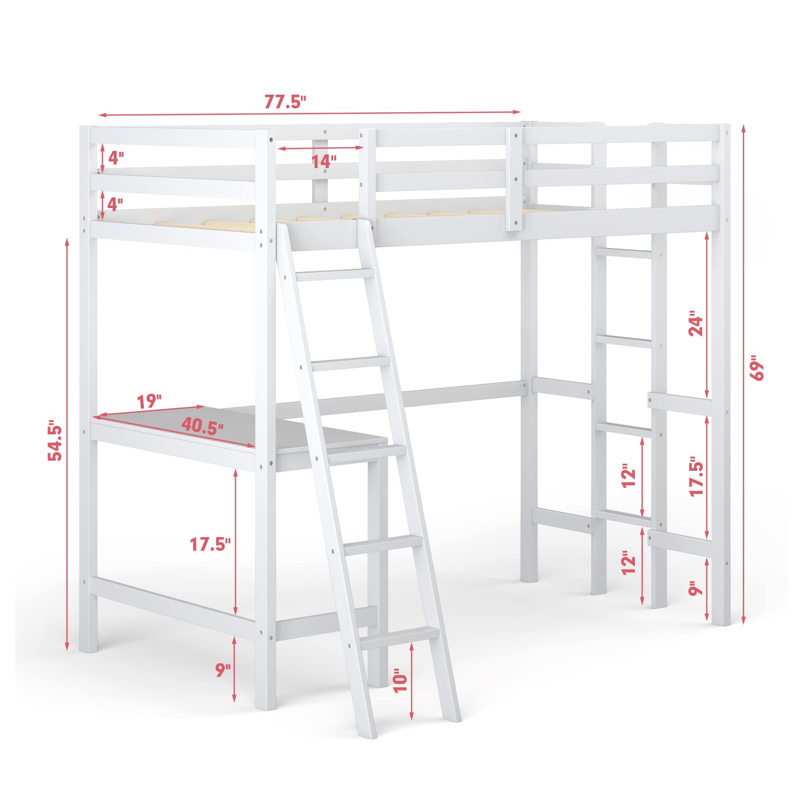 Loft Bed with Desk, Wooden Twin Size Loft Bed