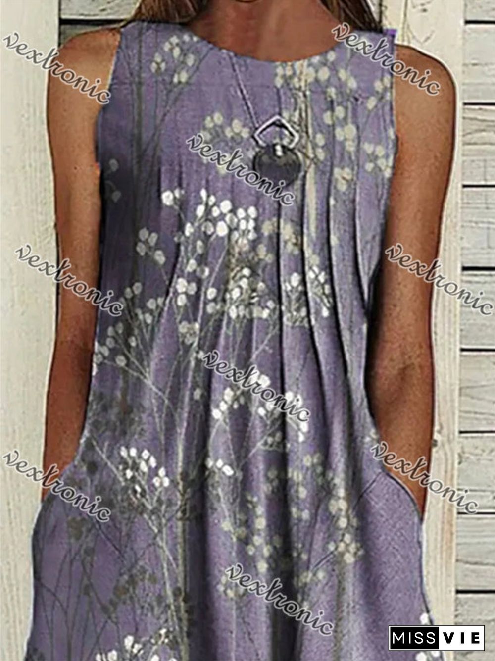 Women's Blue Purple Scoop Neck Sleeveless Graphic Maxi Dress