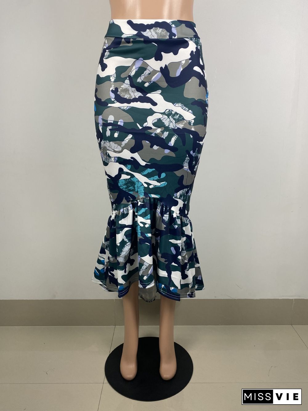 Camouflage Print Ruffles Mid Waist Skirt