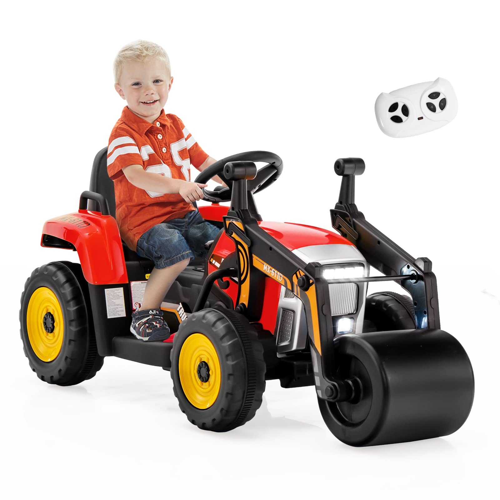 Costzon Ride on Car, 12V Road Roller with Remote Control, Battery Powered Electric Tractor