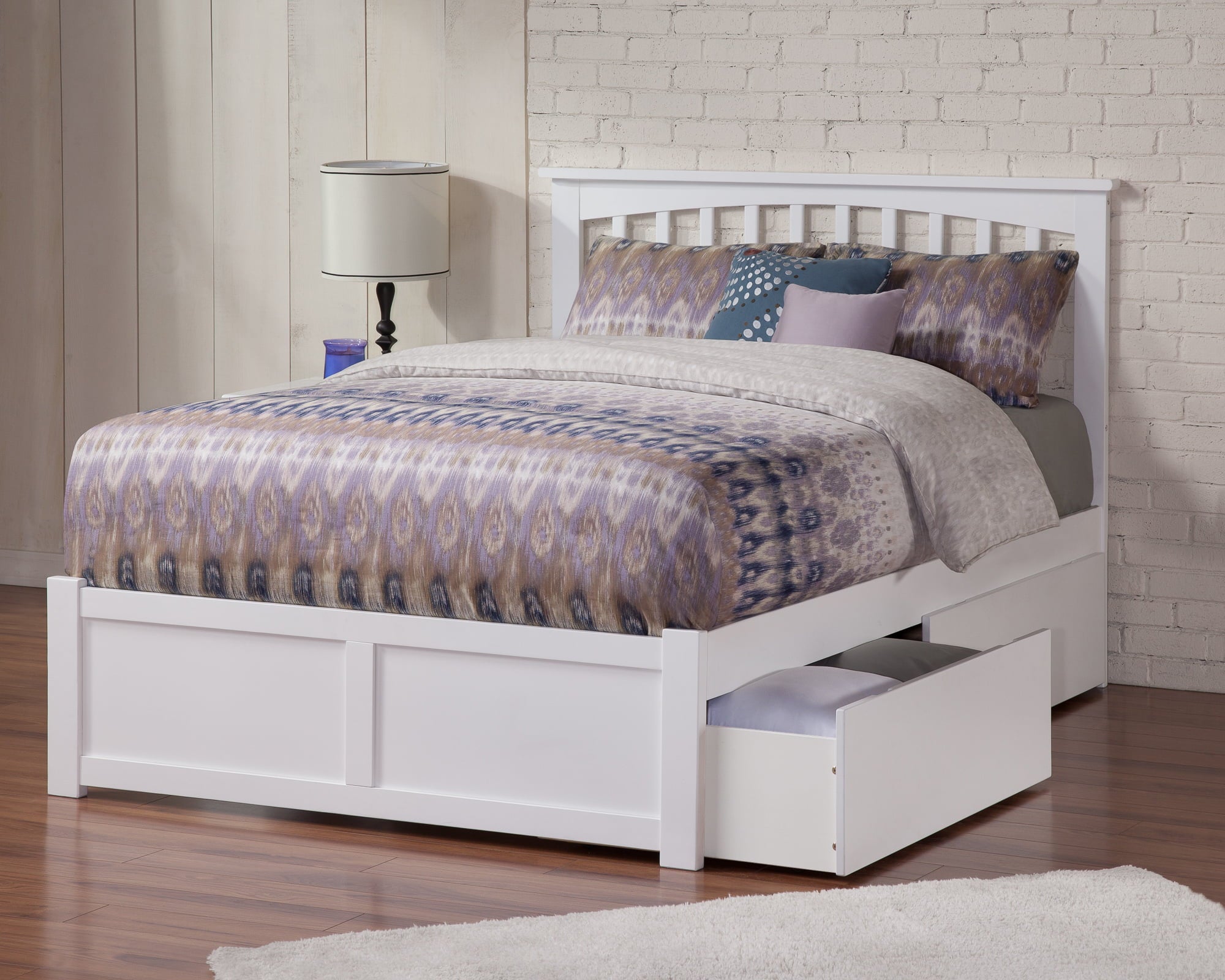 Mission Platform Bed with Flat Panel Foot Board and 2 Urban Bed Drawers, White, Full