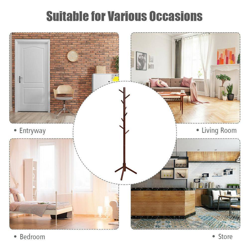 Walnut Wooden Coat Rack Stand Hall Tree Entryway Organizer 2-Heights with 8-Hooks HW65615BN