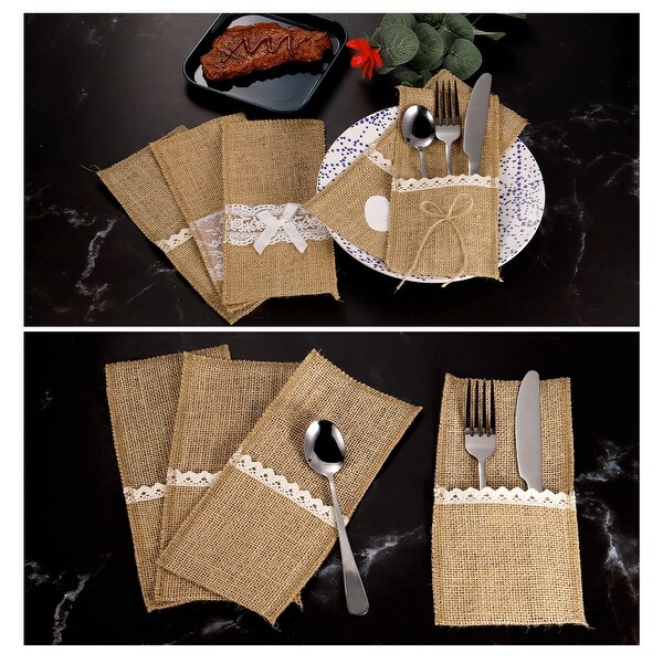 10Pcs Burlap Lace Utensil Holder Knife Fork Bag Cutlery Pouch for Wedding Party - Light Brown