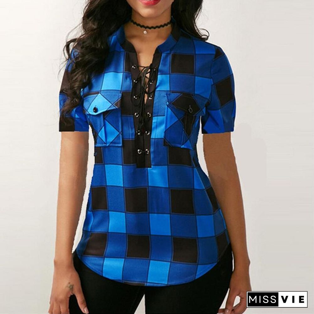 Summer Women's Fashion Sexy V-neck Lace Up Plaid Blouse Tops Irregular Short Sleeve Shirt