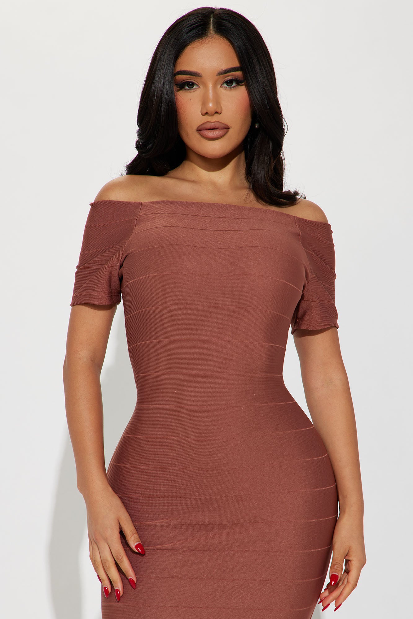 Amara Off Shoulder Midi Dress - Mocha