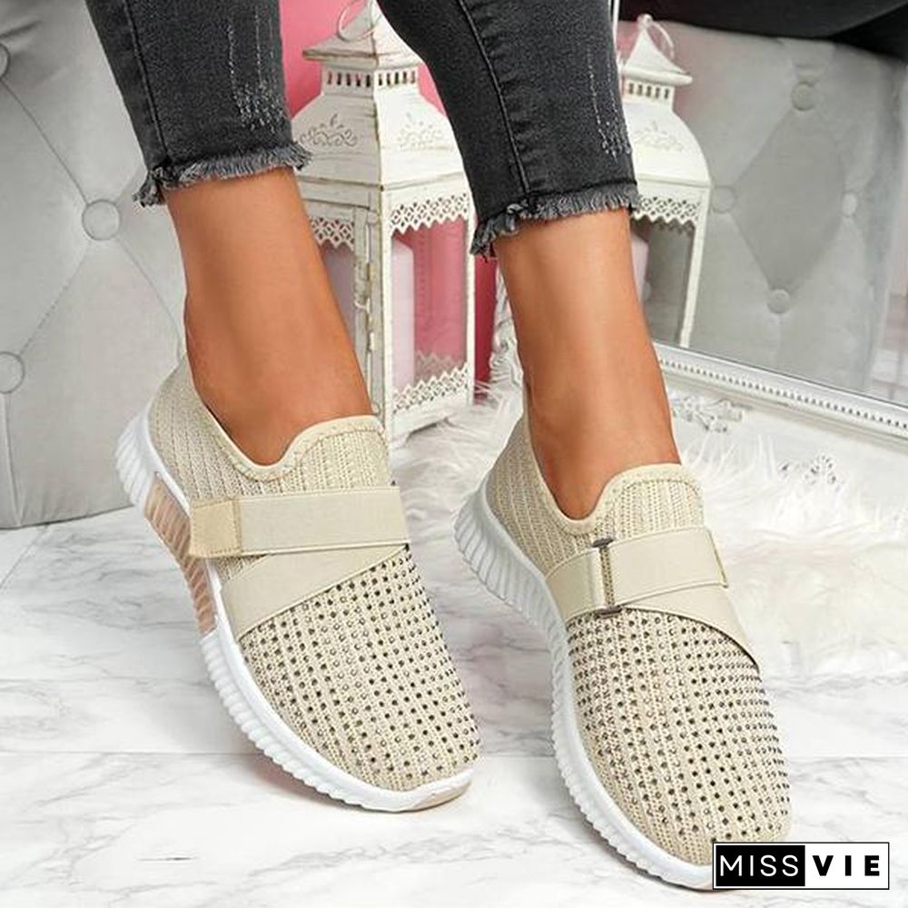 Women Fashion Bling Rhinestones Flyknit Fabric Slip On Breathable Platform Sneakers