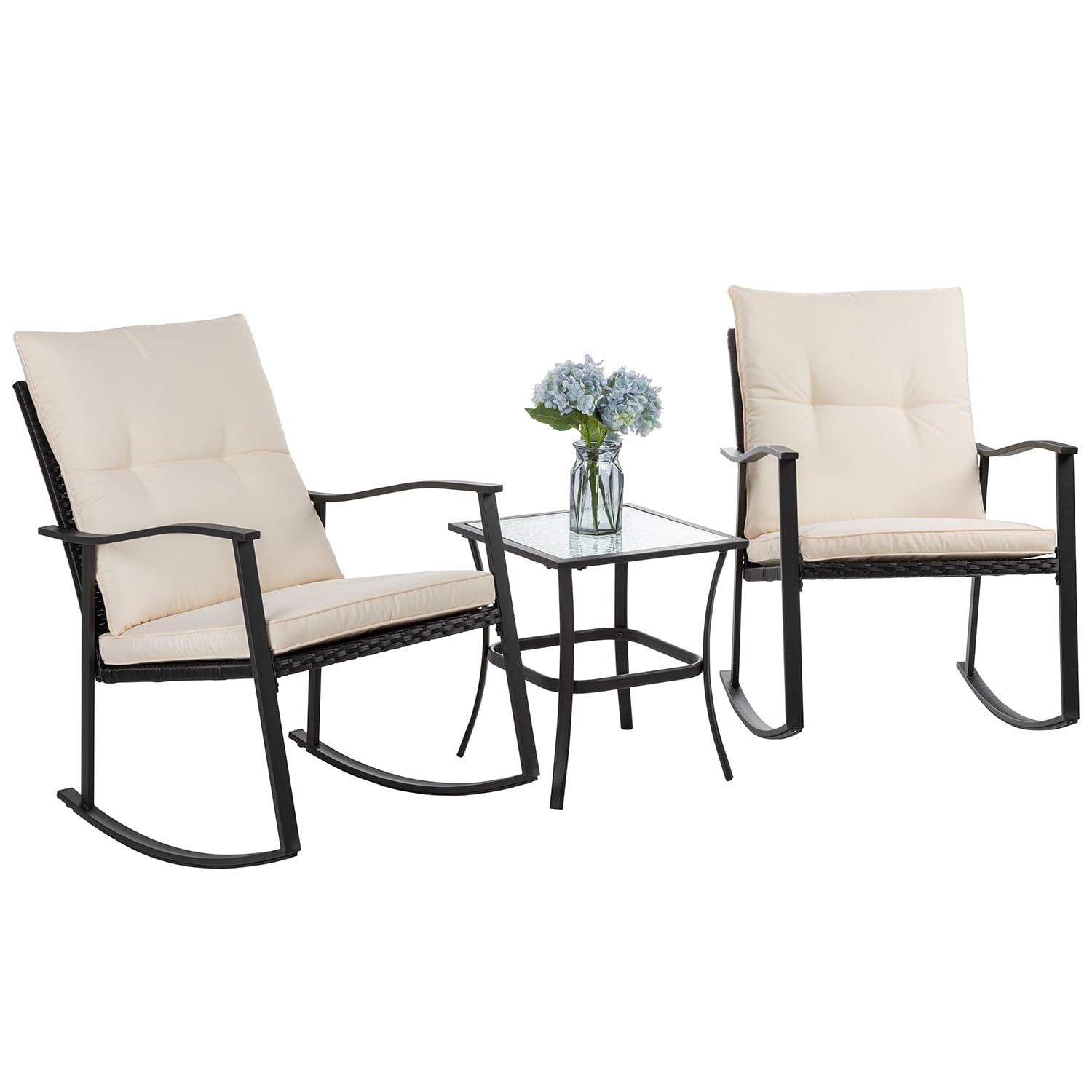 Sobaniilo 3 Piece Outdoor Rocking Chair Set, PE Wicker Rattan Patio Bistro Porch Rockers Set of 2, Beige