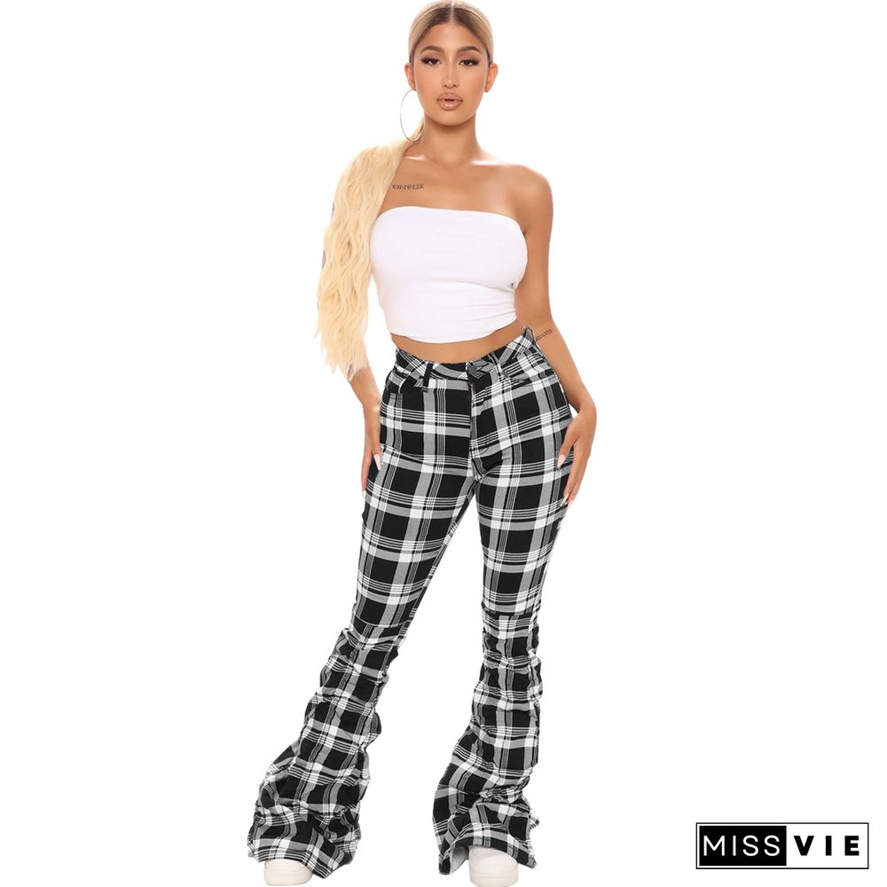 Autumn And Winter Retro Plaid Folded Flared Pants