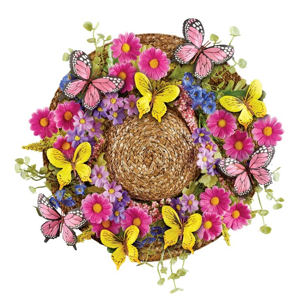 Collections Etc Butterfly Floral Straw Hat Hanging Wreath