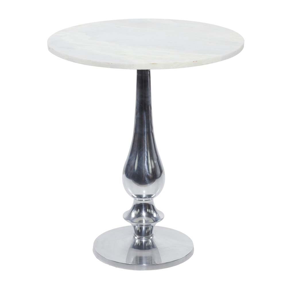 White Marble Accent Table with Silver Aluminium Base   20 x 20 x 24Round