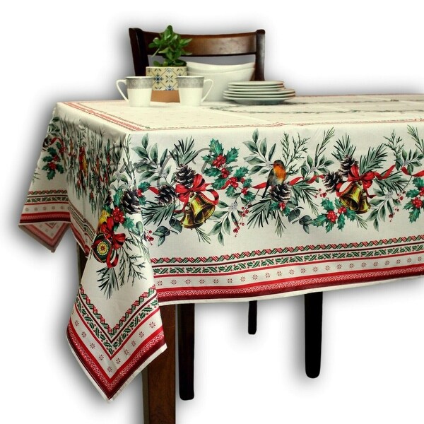 Wipeable Spill Resistant French Acrylic Coated Christmas Tablecloth - White