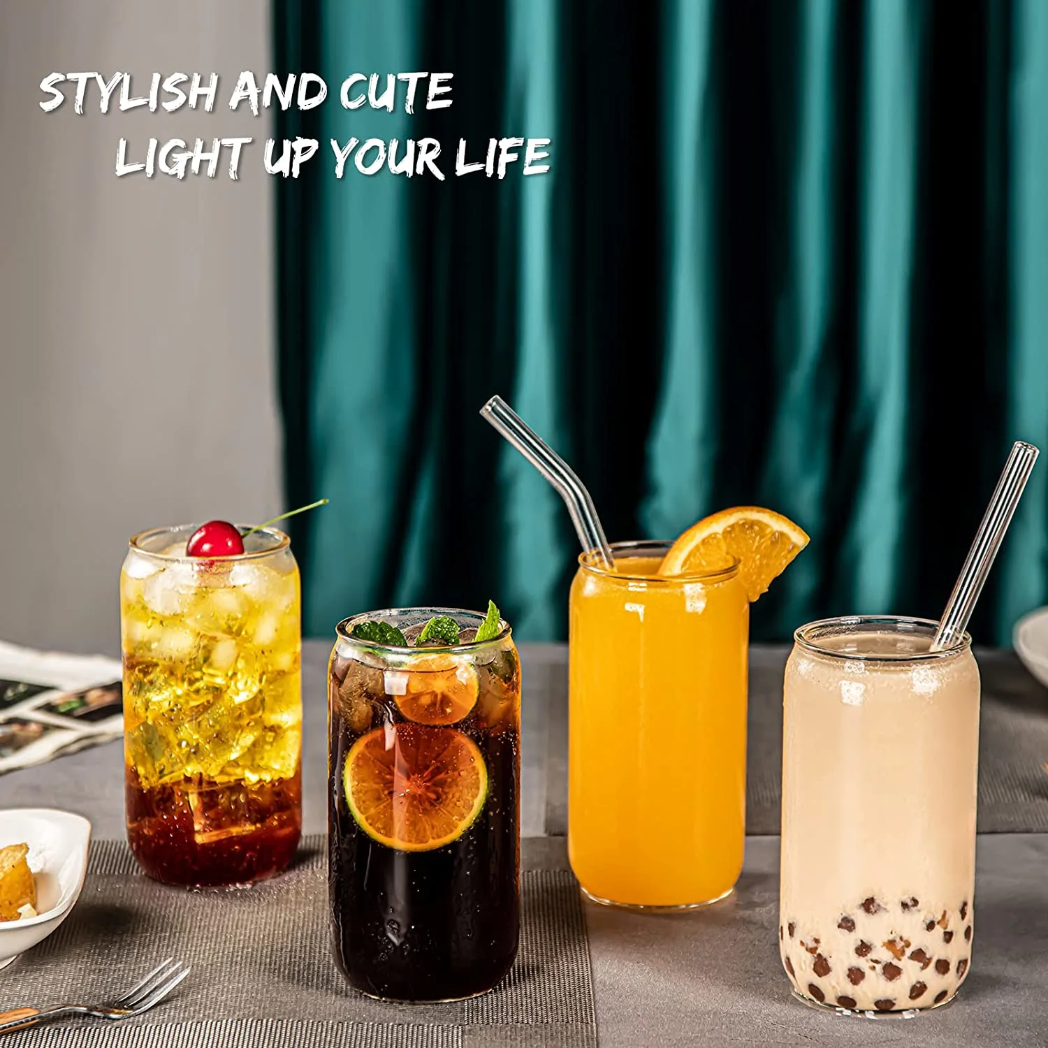 6 Pcs Drinking Glasses with Bamboo Lids and Glass Straw - 16 Oz Can Shaped Glass Cups Beer Glasses Ice Coffee Glasses Cute Tumbler Cup Great for Soda Boba Tea Cocktail Include 2 Cleaning Brushes