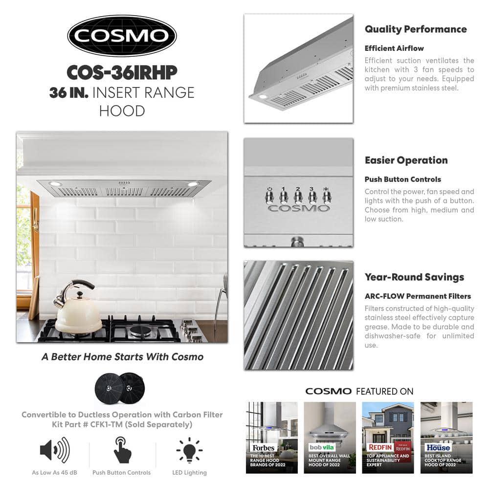 Cosmo 36 in 380 CFM Ducted Insert Range Hood in Stainless Steel with Push Button Controls LED Lights and Permanent Filters