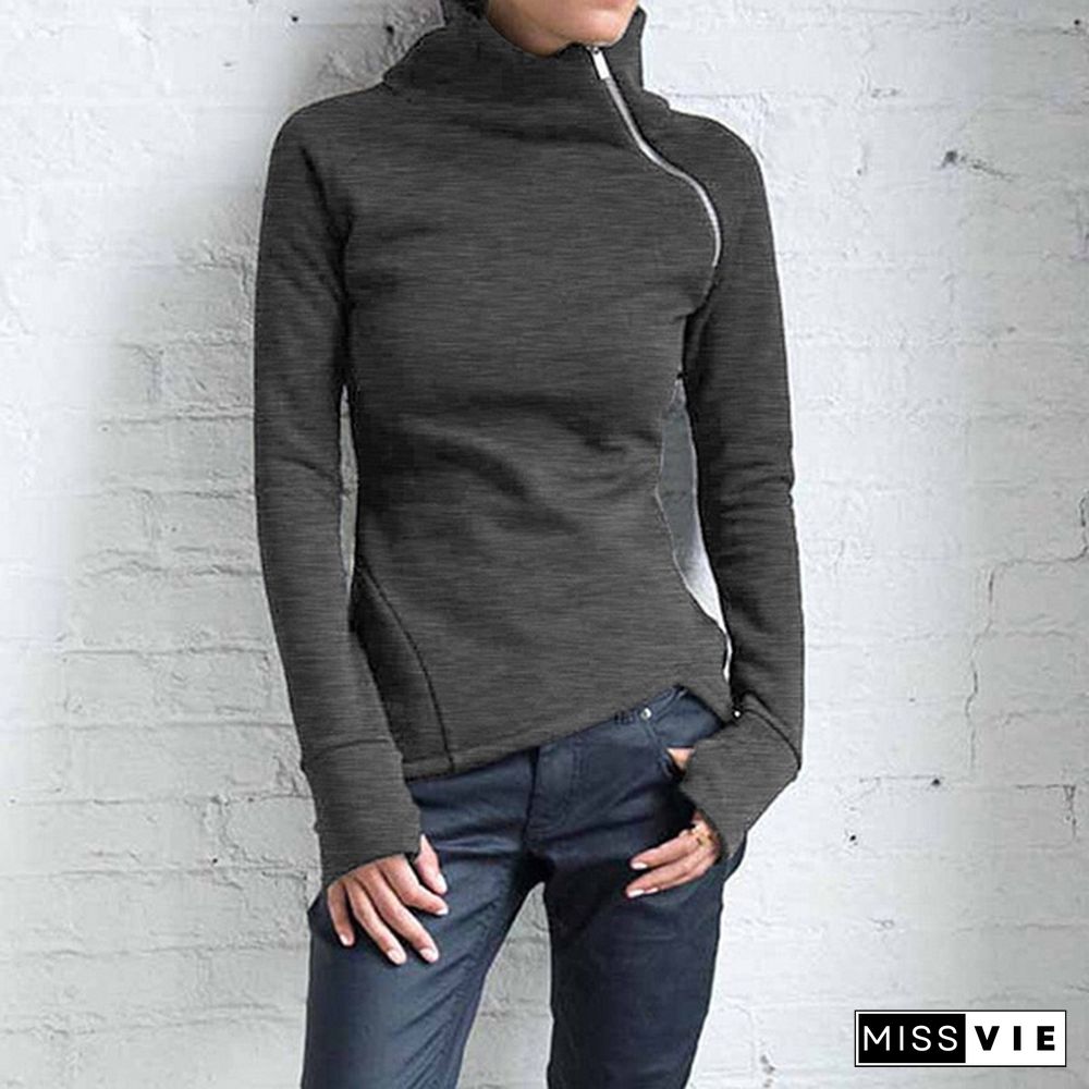 Autumn Winter Ladies Casual High Collar Zipper Long Sleeve Sweater Finger Jacket Women's Clothing