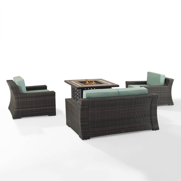 Beaufort 4 Pc Outdoor Wicker Conversation Set Love Seat And 2 Chairs With Fire Table Mist brown Crosley