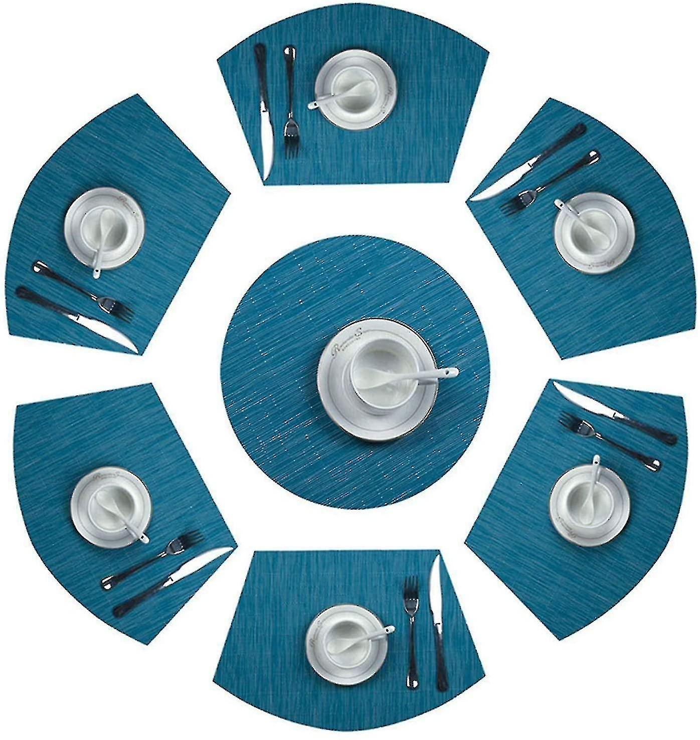 Round Placemats Set Of 7 Pvc Placemat Wedge Set Table Heat Resistant Washable (blue)