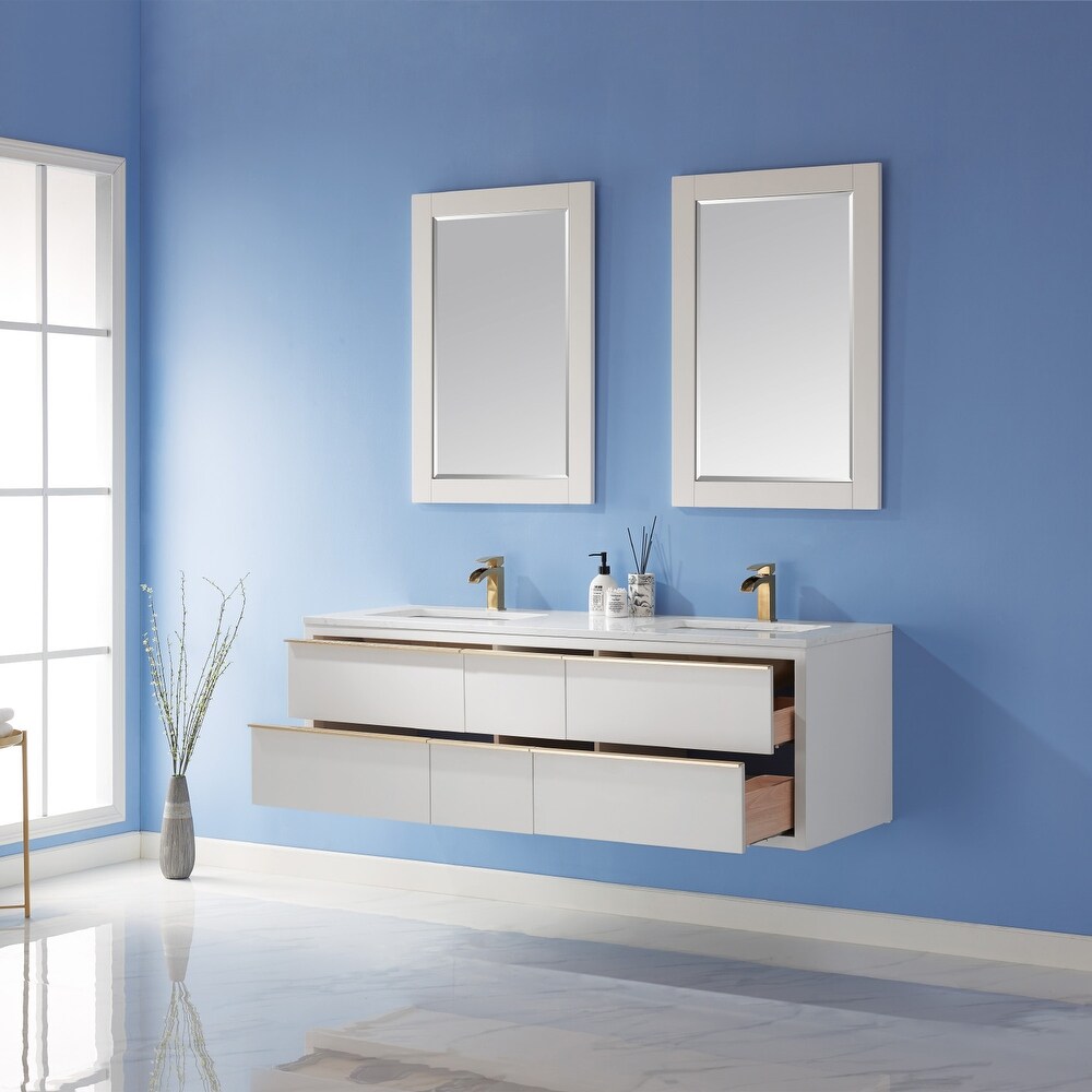 Altair Morgan Double Bathroom Vanity Set in White and Aosta White Countertop with Mirror