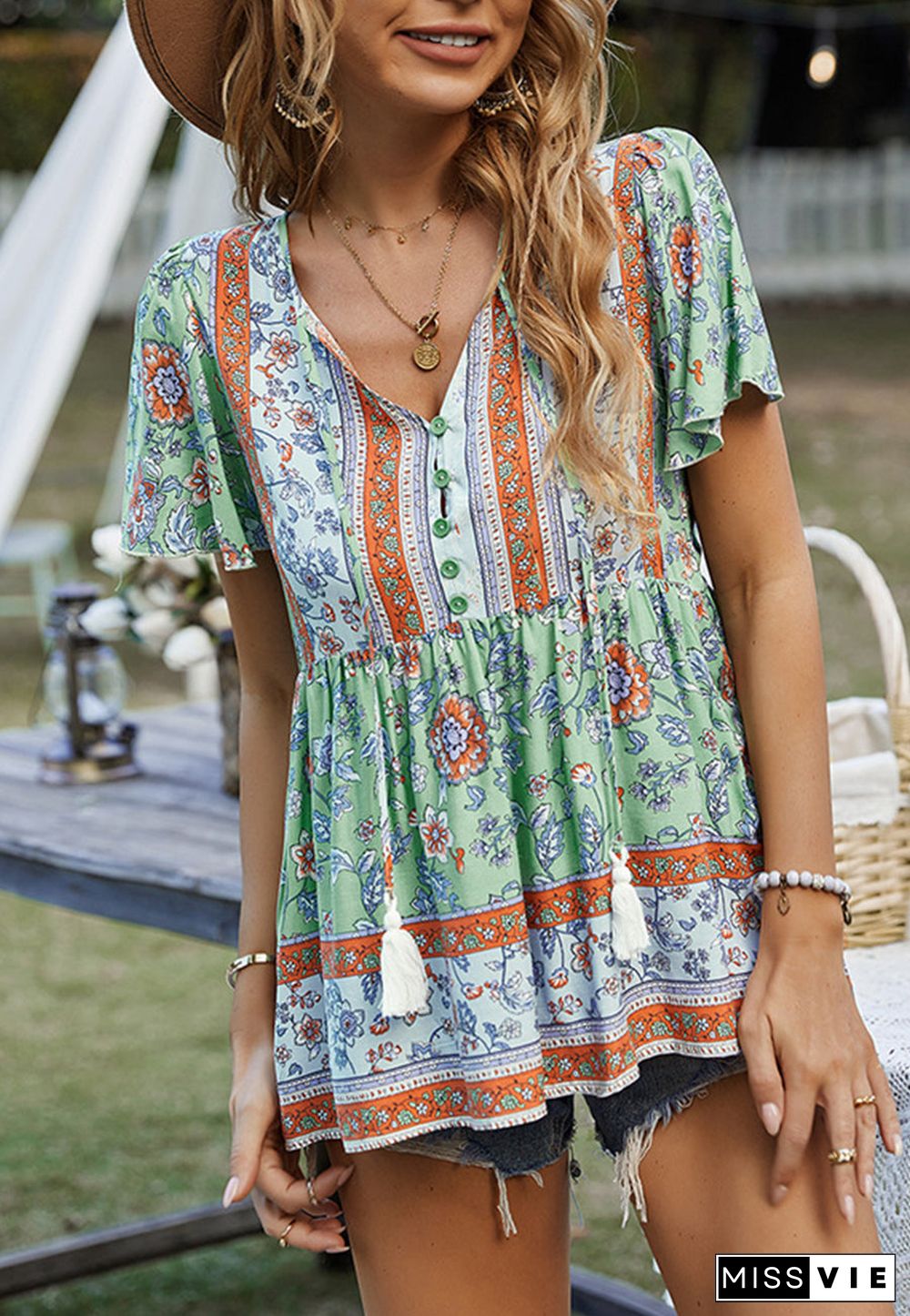 Tie V Neck Peplum Boho Blouse