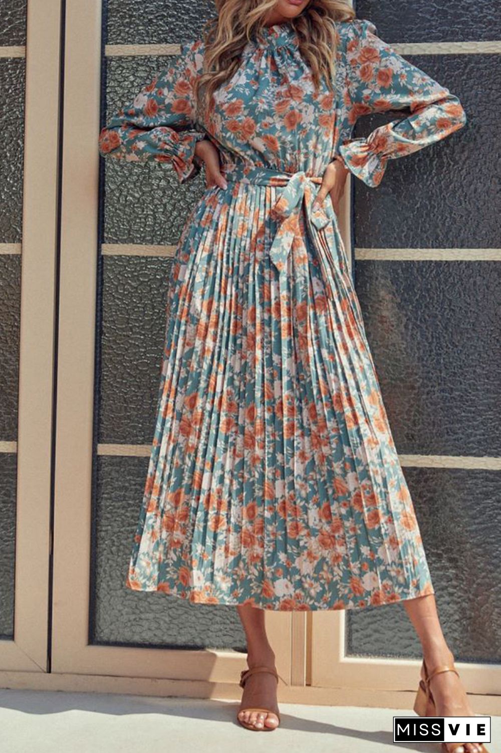 Floral Print Frilled High Waist with Belt Long Sleeves Dress