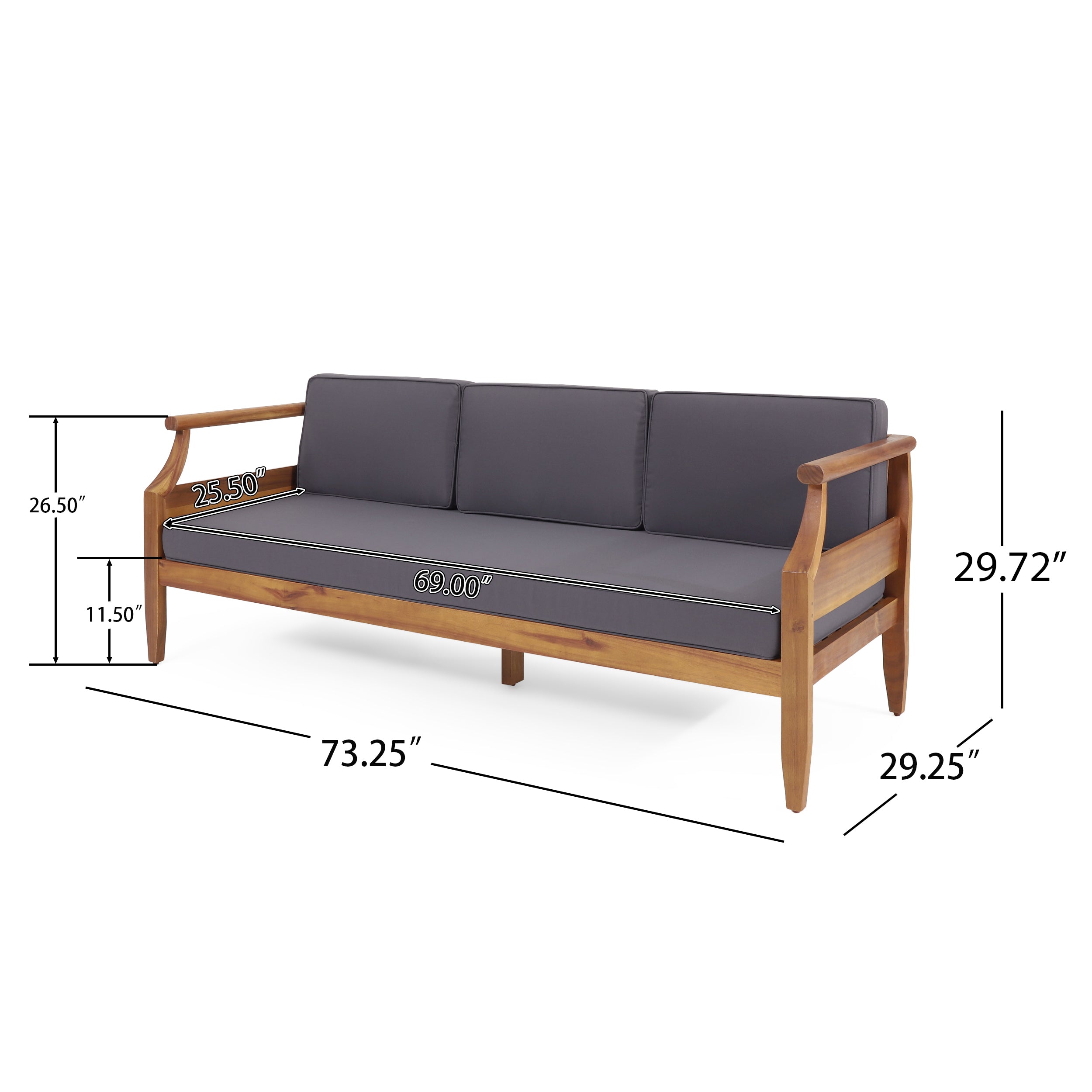 Bianca Mid-Century Modern Acacia Wood 3 Seater Sofa Chat Set with Ottoman, Teak and Dark Gray