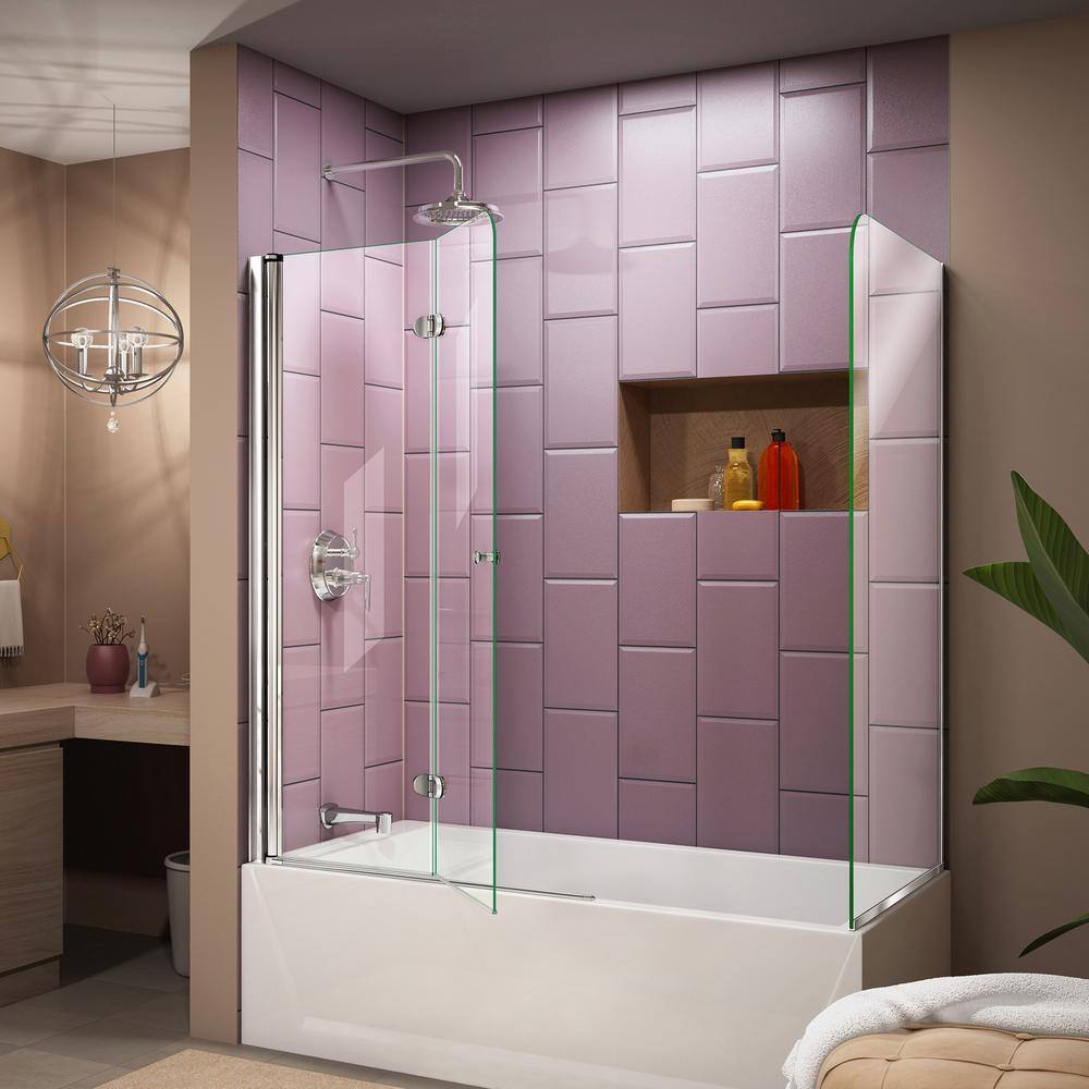 DreamLine Aqua Fold 56 in. to 60 in. x 58 in. Semi-Frameless Hinged Tub Door with Return Panel in Chrome SHDR-3636580-RT-01