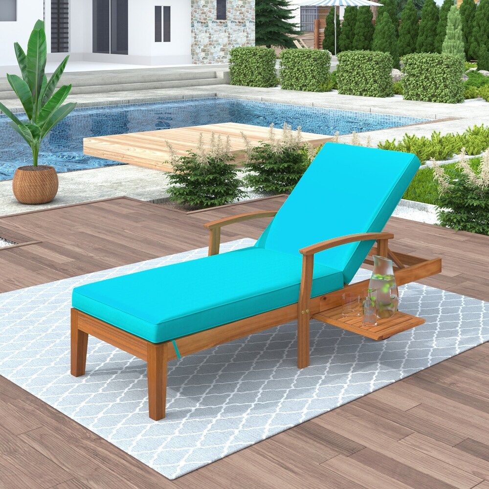 Outdoor Solid Wood Chaise Lounge with Cushion  Wheels and Sliding Cup Table