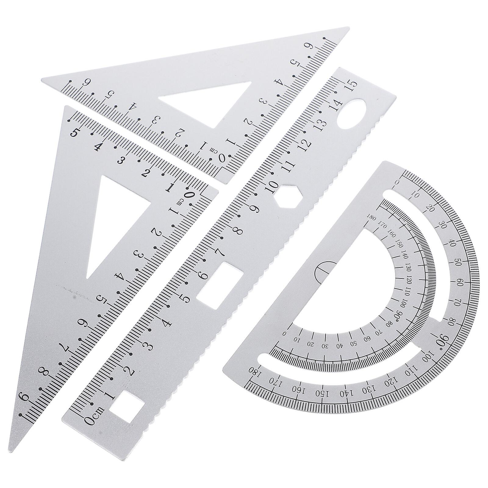 1 Set Of 4pcs Diy Metal Ruler Sturdy Office Metal Ruler Ruler Stationery Set Triangular Plate Protractor Testing Ruler For Pupils Students Silver