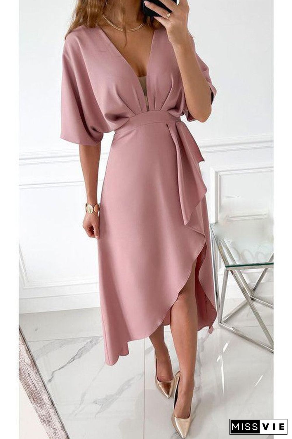 Trendy Pink Plain Short Sleeve V-Neck Midi Dress