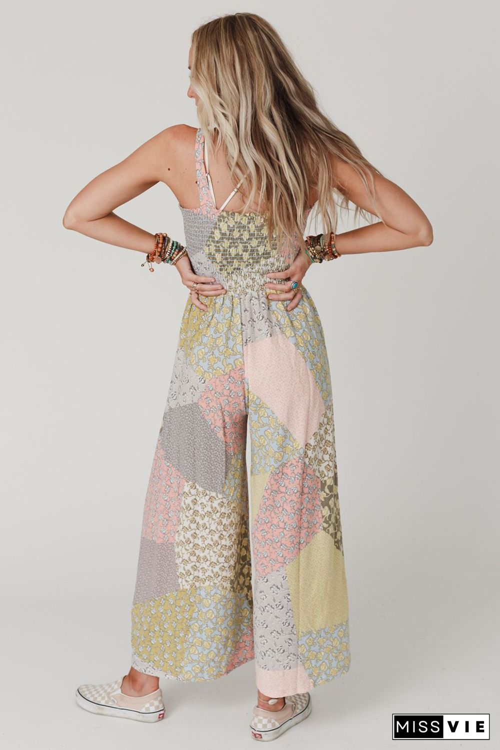 Multicolor Irregular Patchwork Print Smocked Wide Leg Jumpsuit