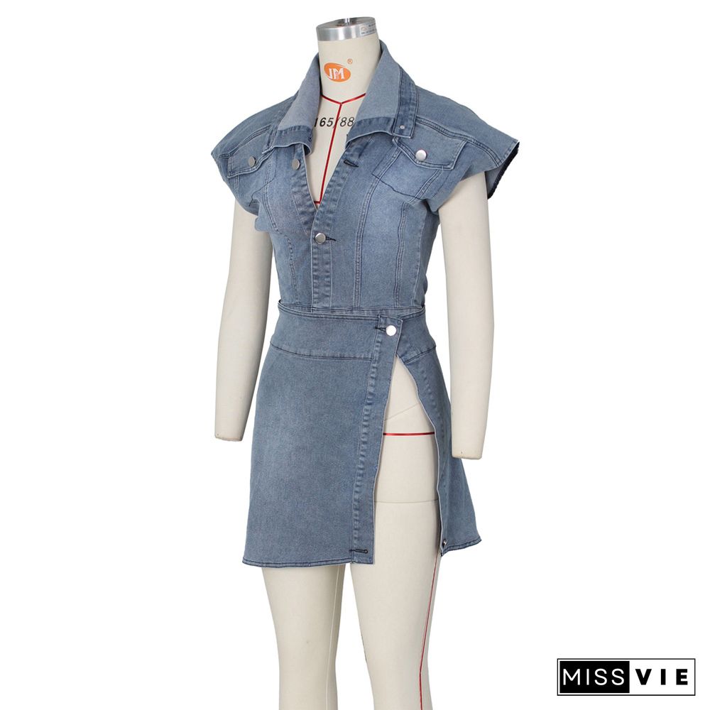 Sleeveless Short Top with Split Skirt Denim Suit