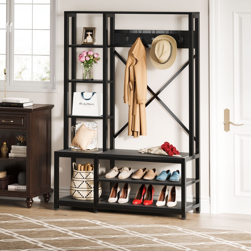 Entryway Hall Tree Coat Rack with Shoe Bench and Side Storage Shelves