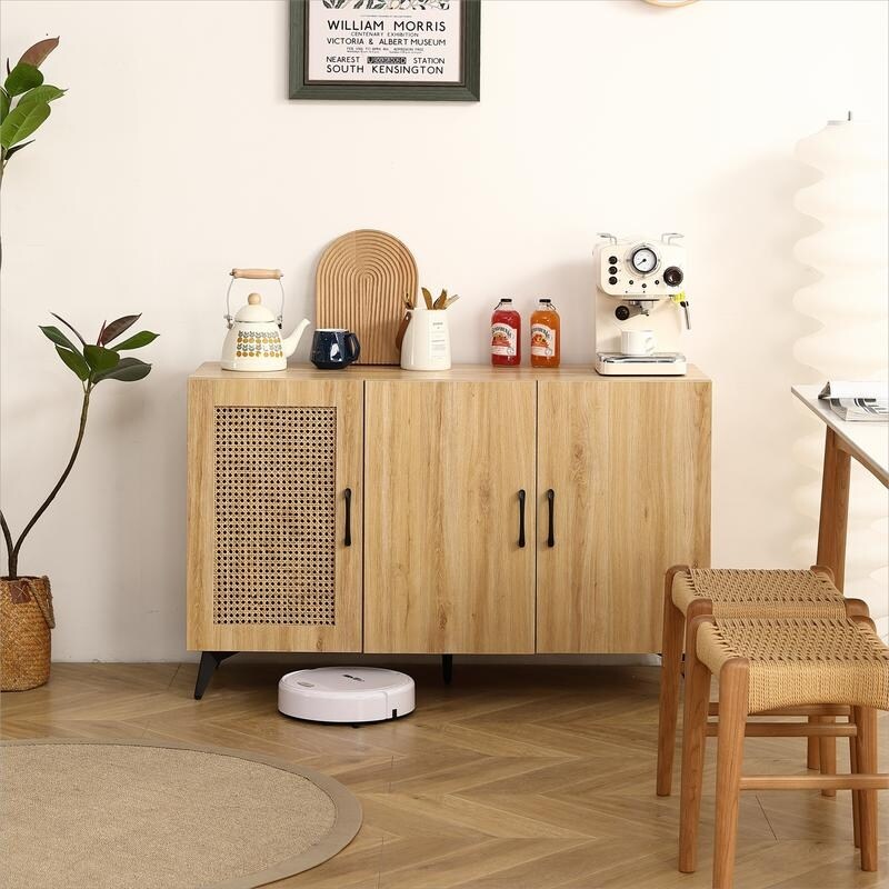 Three Door Rattan Net Side Cabinet for Home and Office Storage