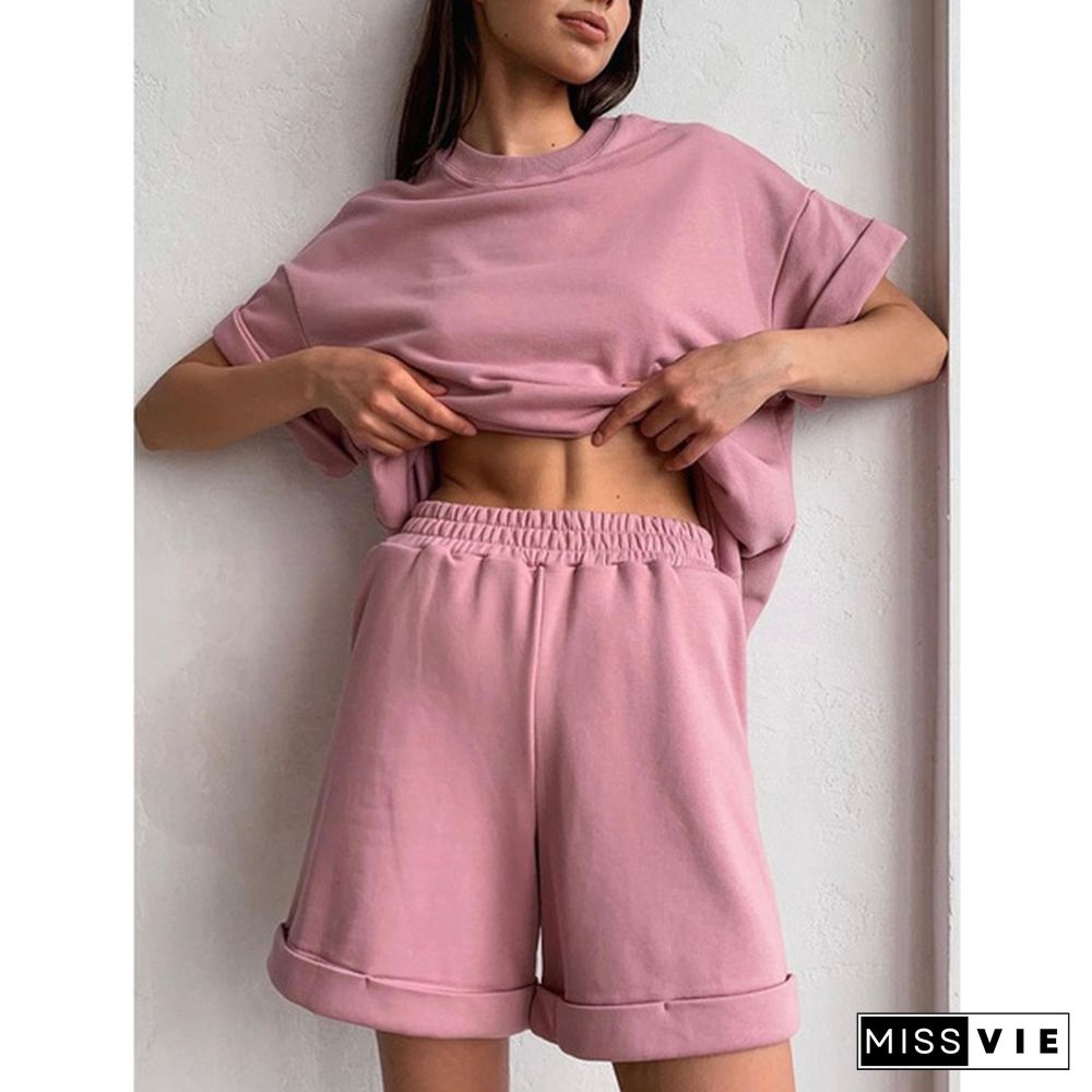 Summer Cotton Sets Women Casual Two Pieces T Shirts and Elastic Waist Shorts Pants Loose Soft Tracksuit