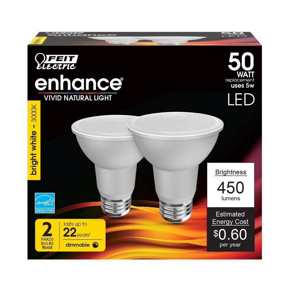 Feit Electric 50-Watt Equivalent PAR20 Dimmable CEC Title 20 Compliant LED ENERGY STAR 90+ CRI Flood Light Bulb Bright White (2-Pack) PAR20DM930CA2