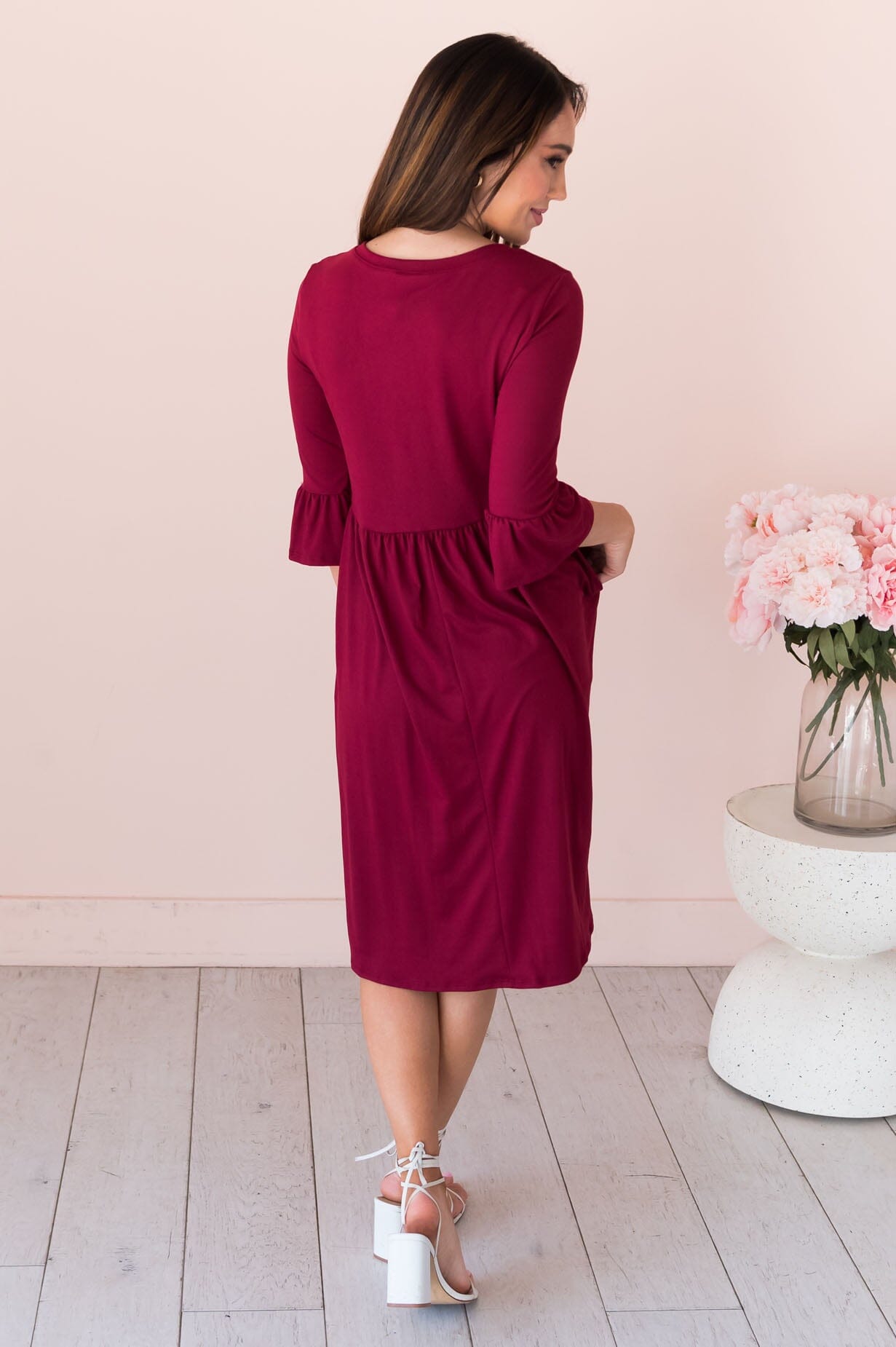 Zadie burgundy bell-sleeved crew neck gown