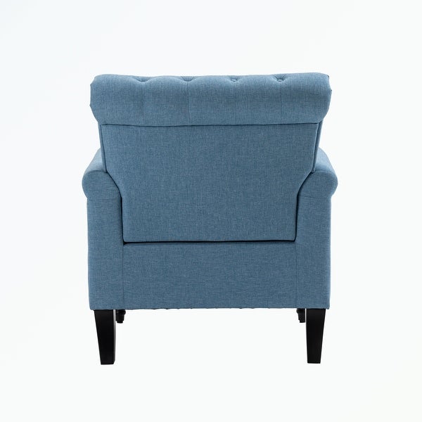 Linen Armchair with Tufted Back and Wood Legs