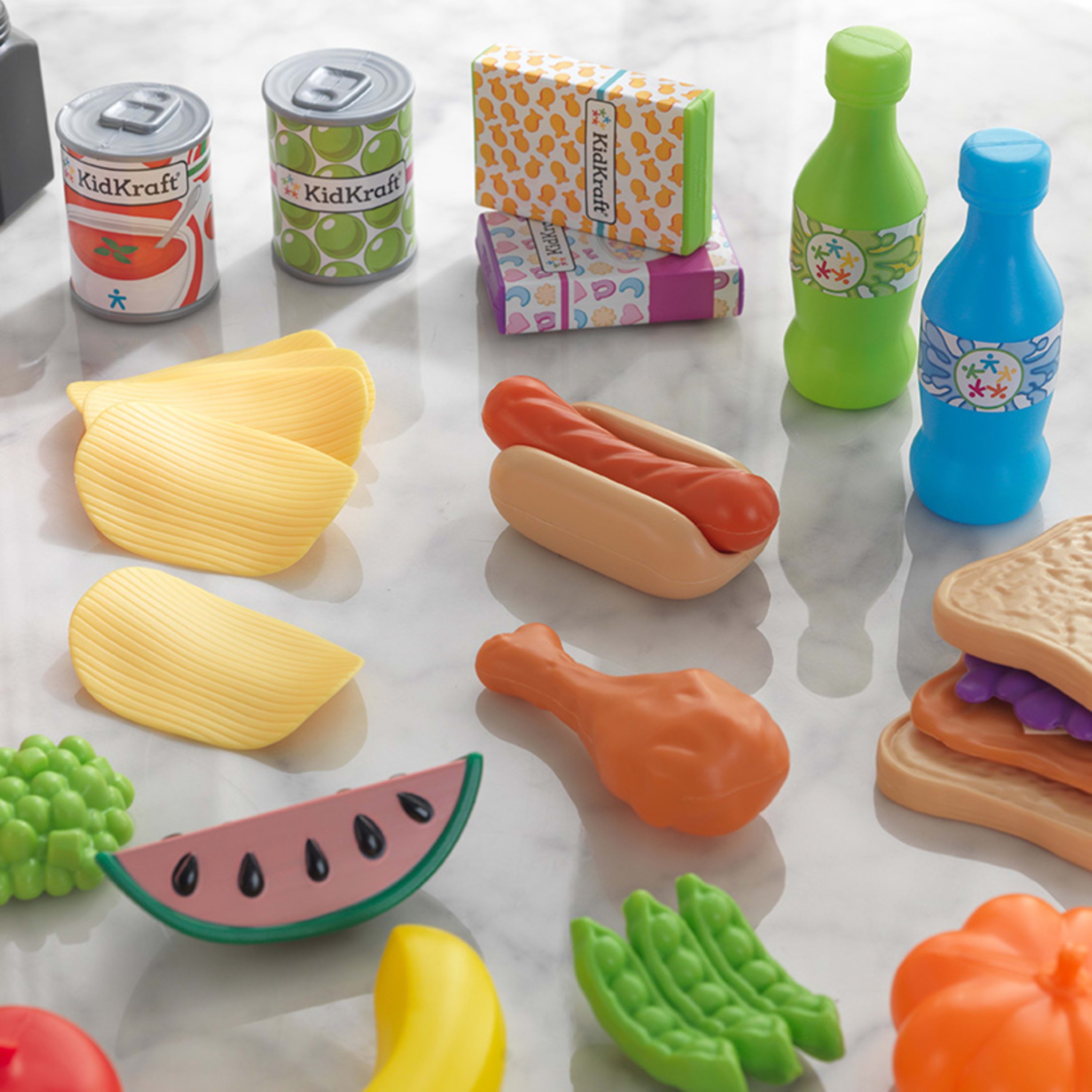 KidKraft 65-Piece Plastic Play Food Set for Play Kitchens, Fruits, Veggies, Sweets, and More