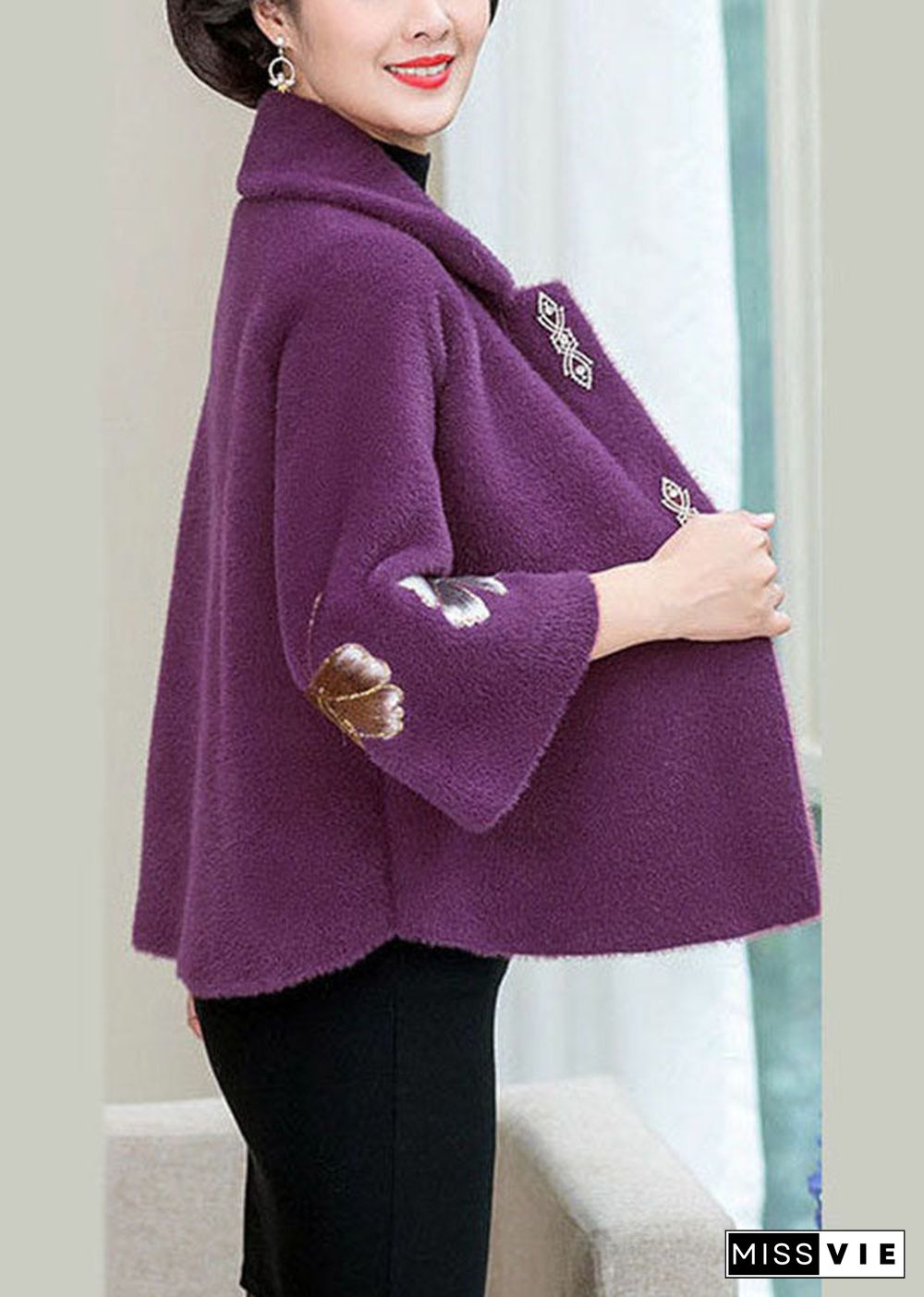 Beautiful Purple Square Collar Floral Mink Hair Knitted Coats Winter