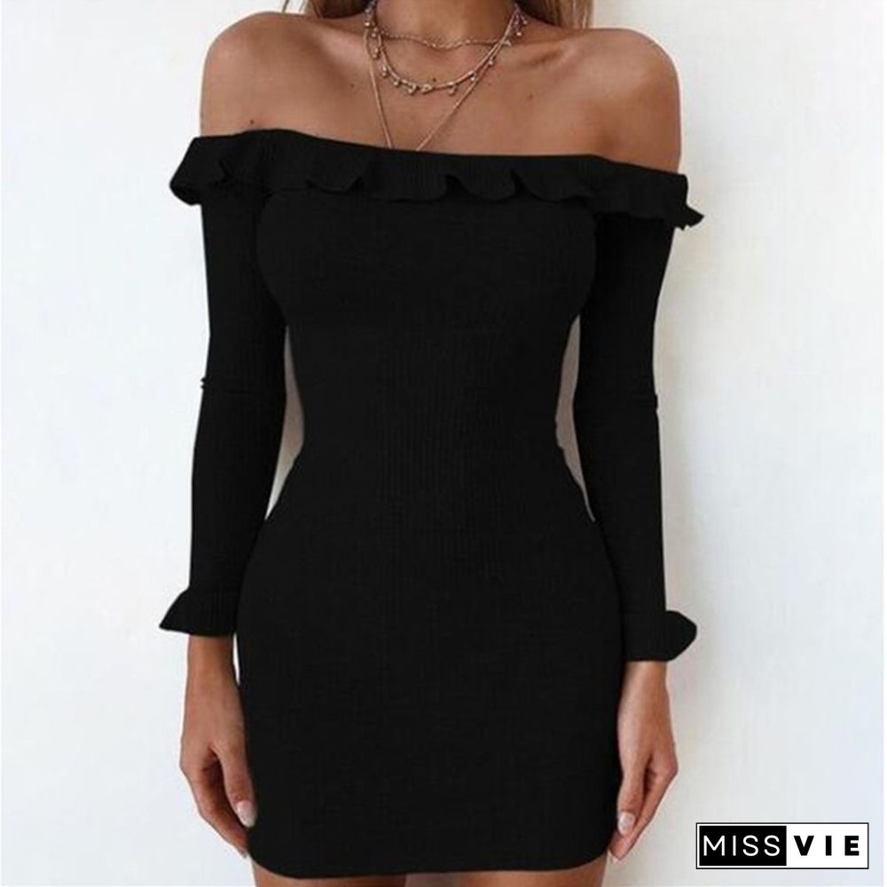 Women's Fashion Off Shoulder Ruffle Dress Long Sleeve Bodycon Dress Mini Dress