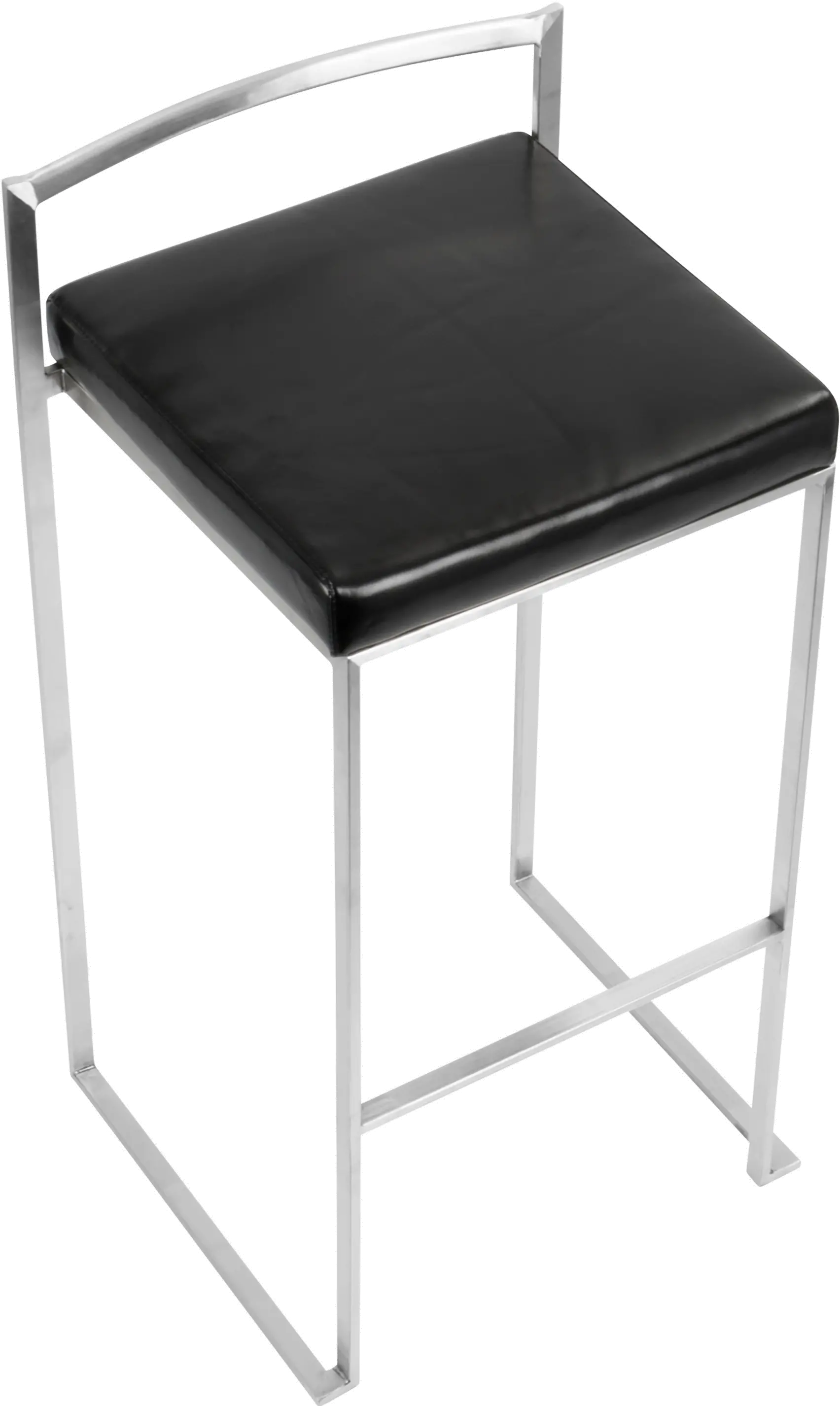 Fuji Low Back Stainless and Black Faux Leather Barstools， Set of 2