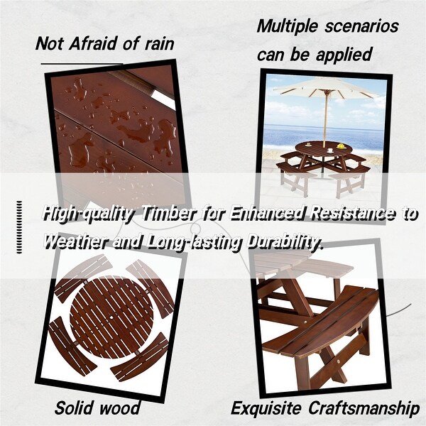 Outdoor Round Picnic Table with 4 Builtin Benches and Umbrella Hole