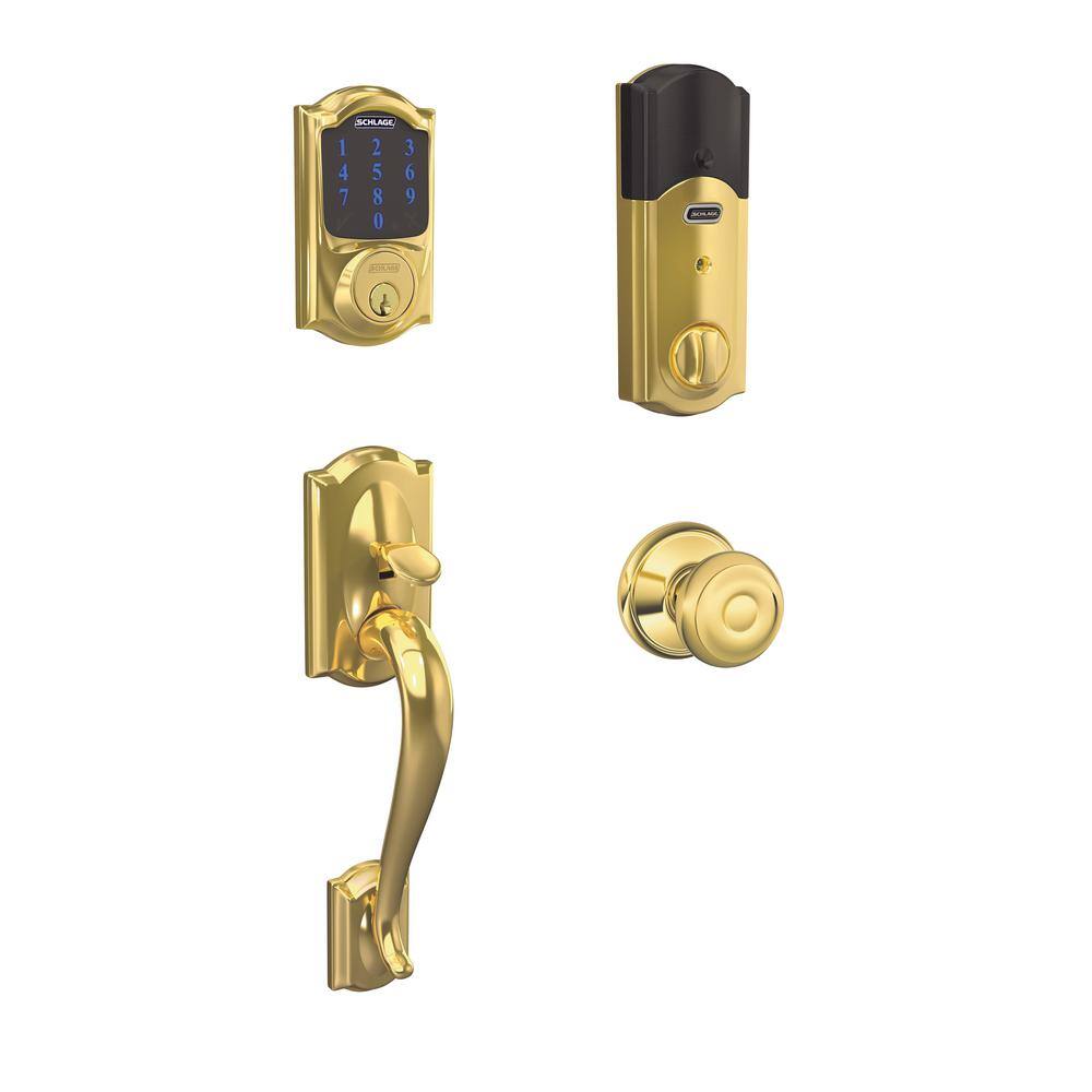 Schlage Camelot Bright Brass Connect Smart Lock with Alarm and Georgian Door Knob Handleset BE469ZP V CAM605 + FE285 V CAM 605 GEO