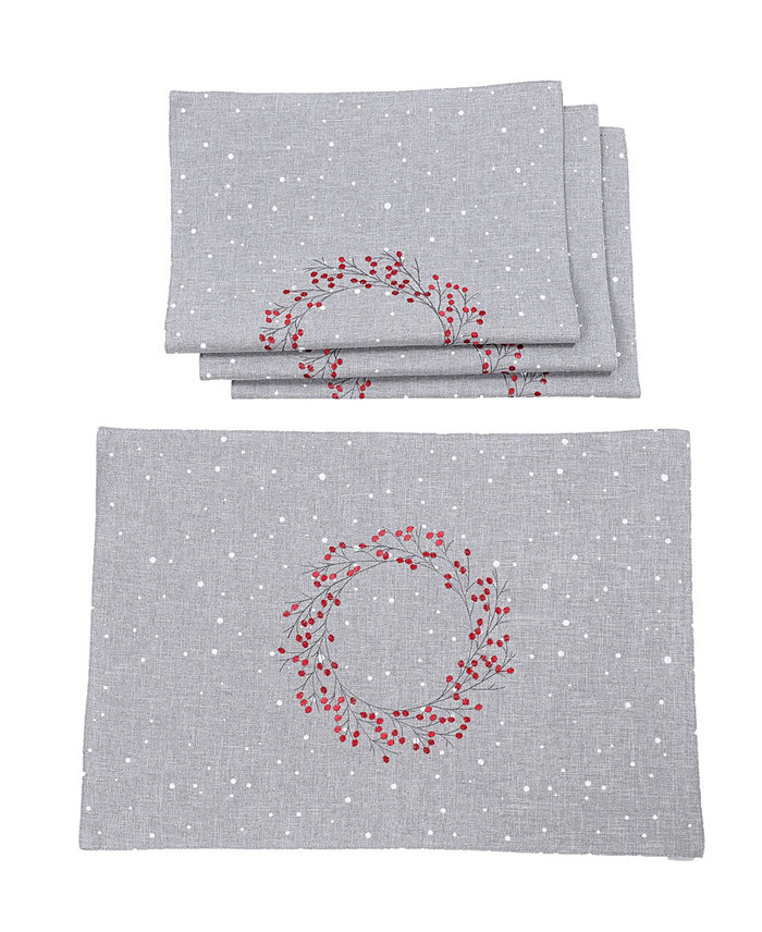 Manor Luxe Holly Berry Wreath Embroidered Christmas Placemats Set of 4