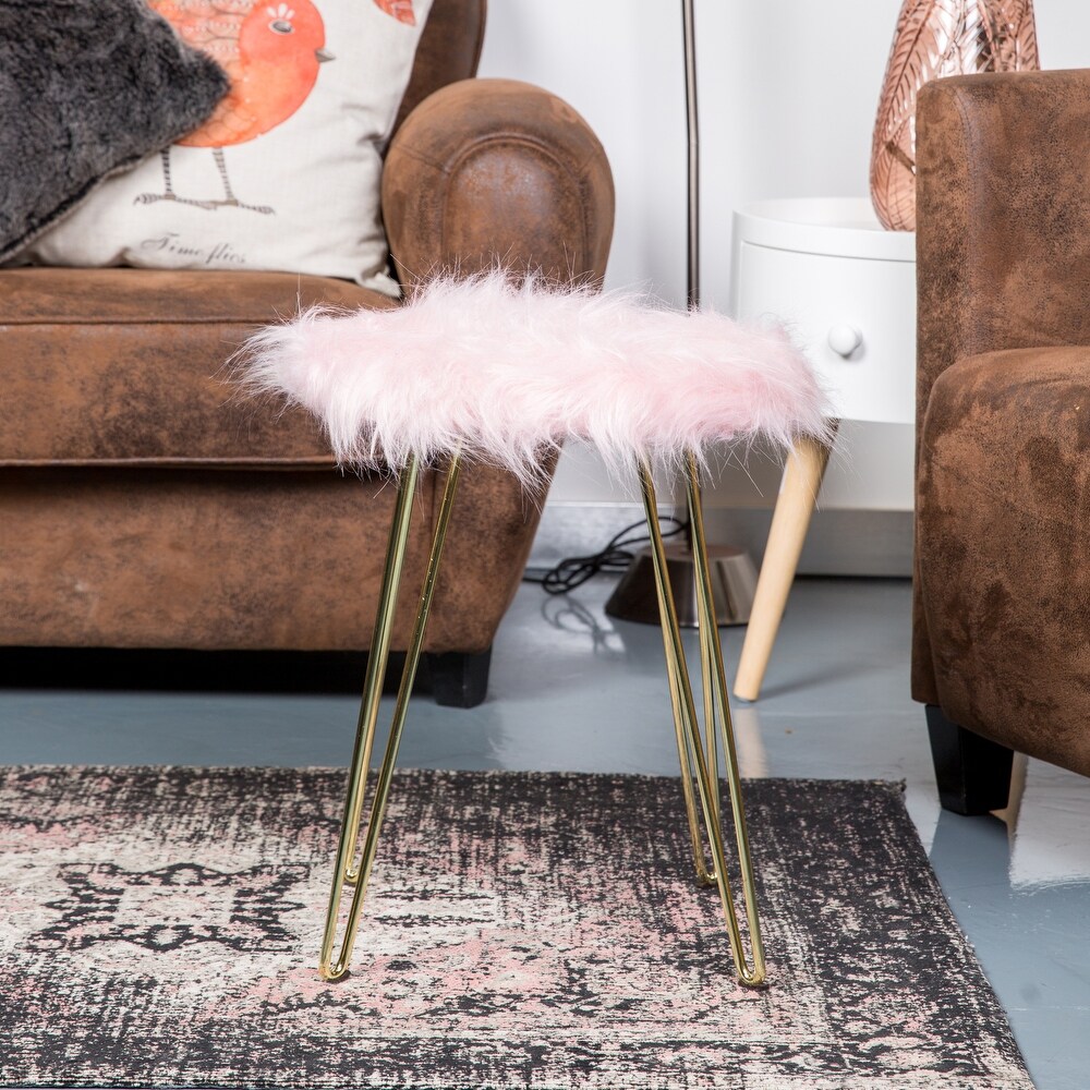 Faux Foot Stool/Vanity Chair with Golden Metal Legs  Small Fuzzy Fluffy Round Ottoman Storage   2 Pack