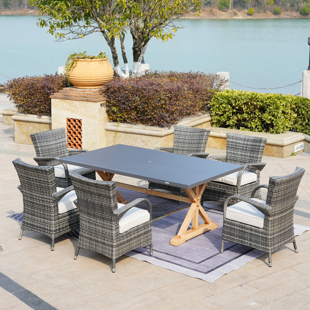 7 Piece Patio Wicker Dining Set With Powder Coated Aluminum Table   Tropical   Outdoor Dining Sets   by Abrihome  Houzz