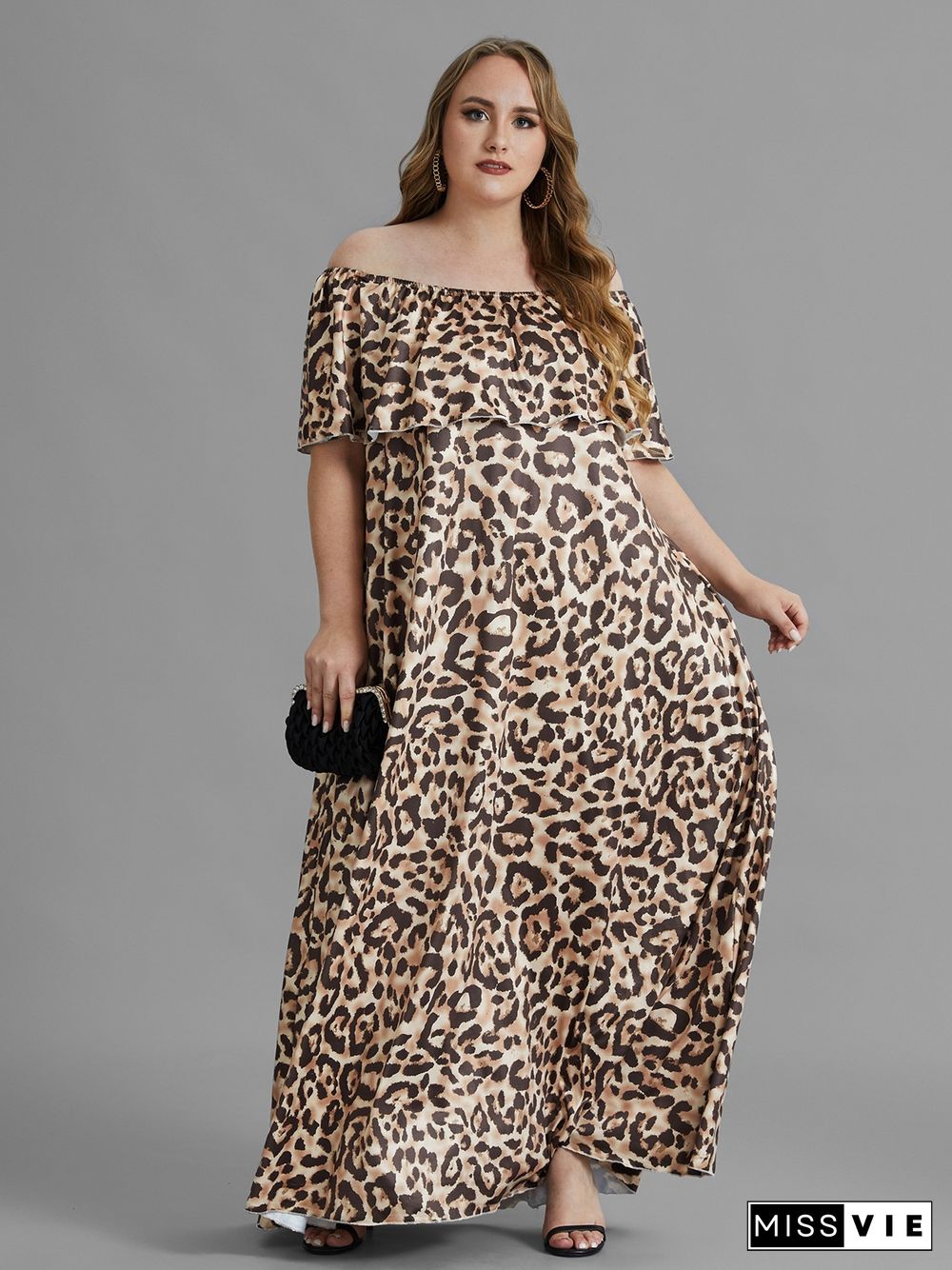 Plus Size Summer Leopard Print Off The Shoulder Short Sleeve Loose Party Club Holiday Maxi Long Dresses