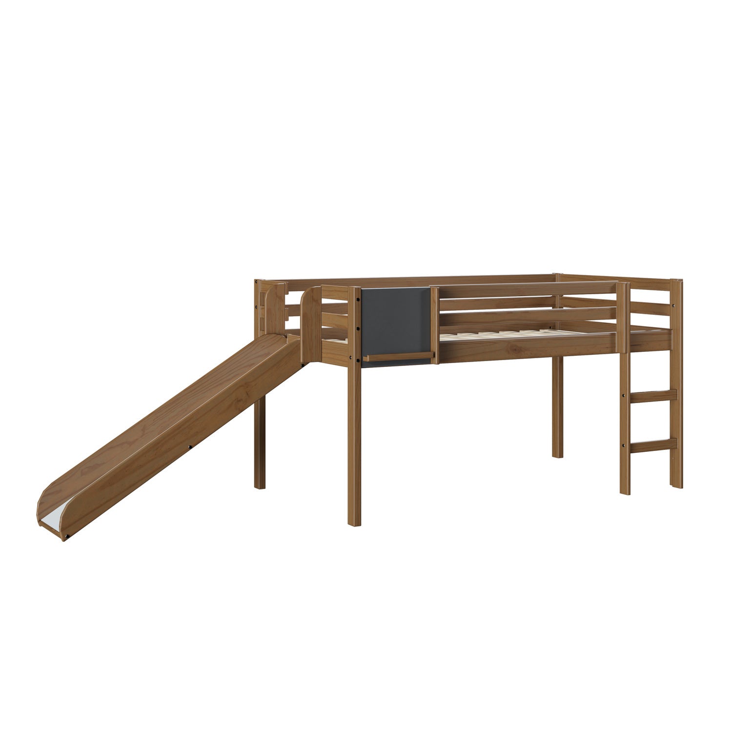 Naomi Home Cindy Kids Loft Bed with Slide, Twin Loft Bed with Slide, Loft Bed with Slide, Loft Bed Slide with Ladder, Chalkboard, Pine Wood Space Saving Kids Bed Frame for Boys, Girls, Latte