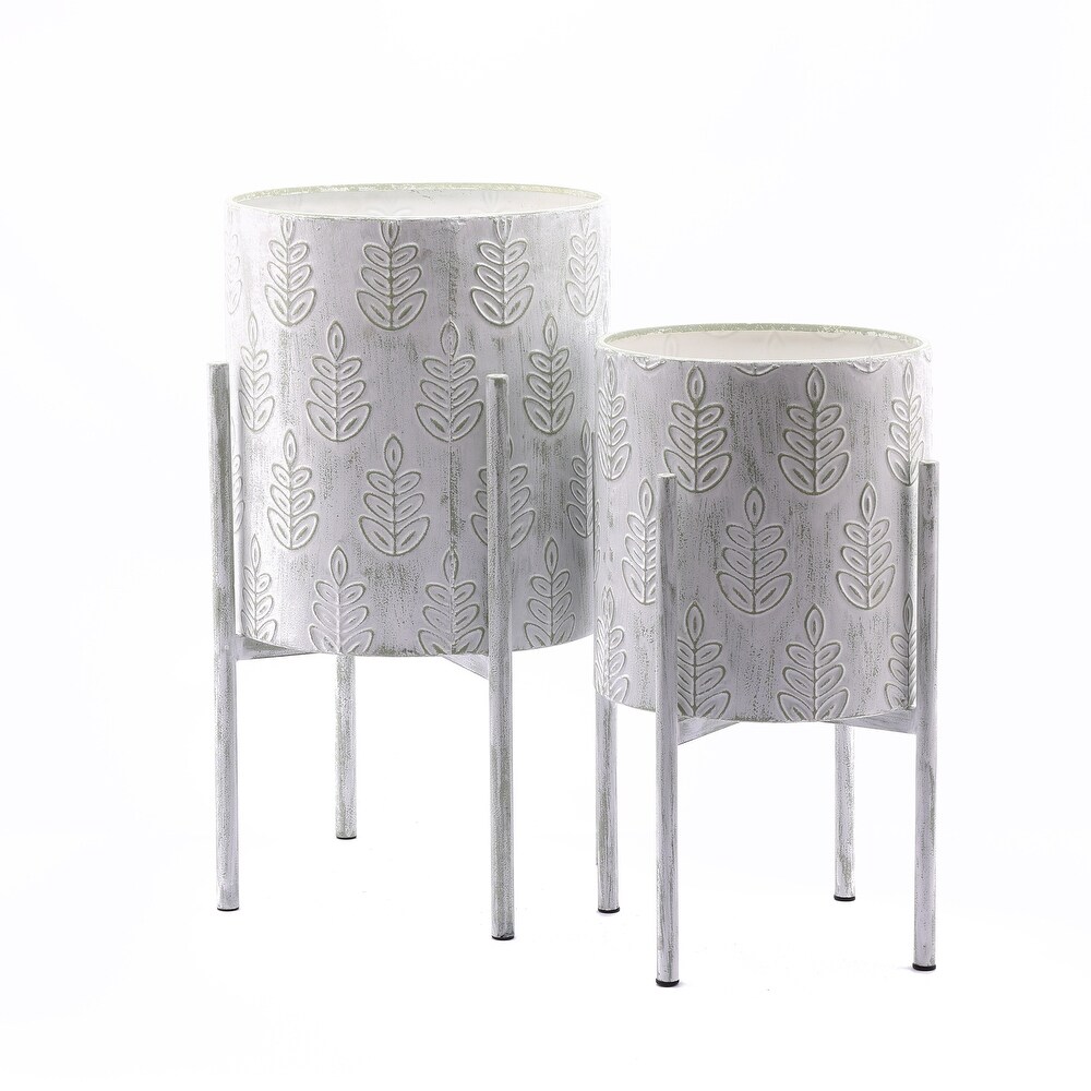 White and Sage Green Metal Leaf Cachepot Planters (Set of 2)